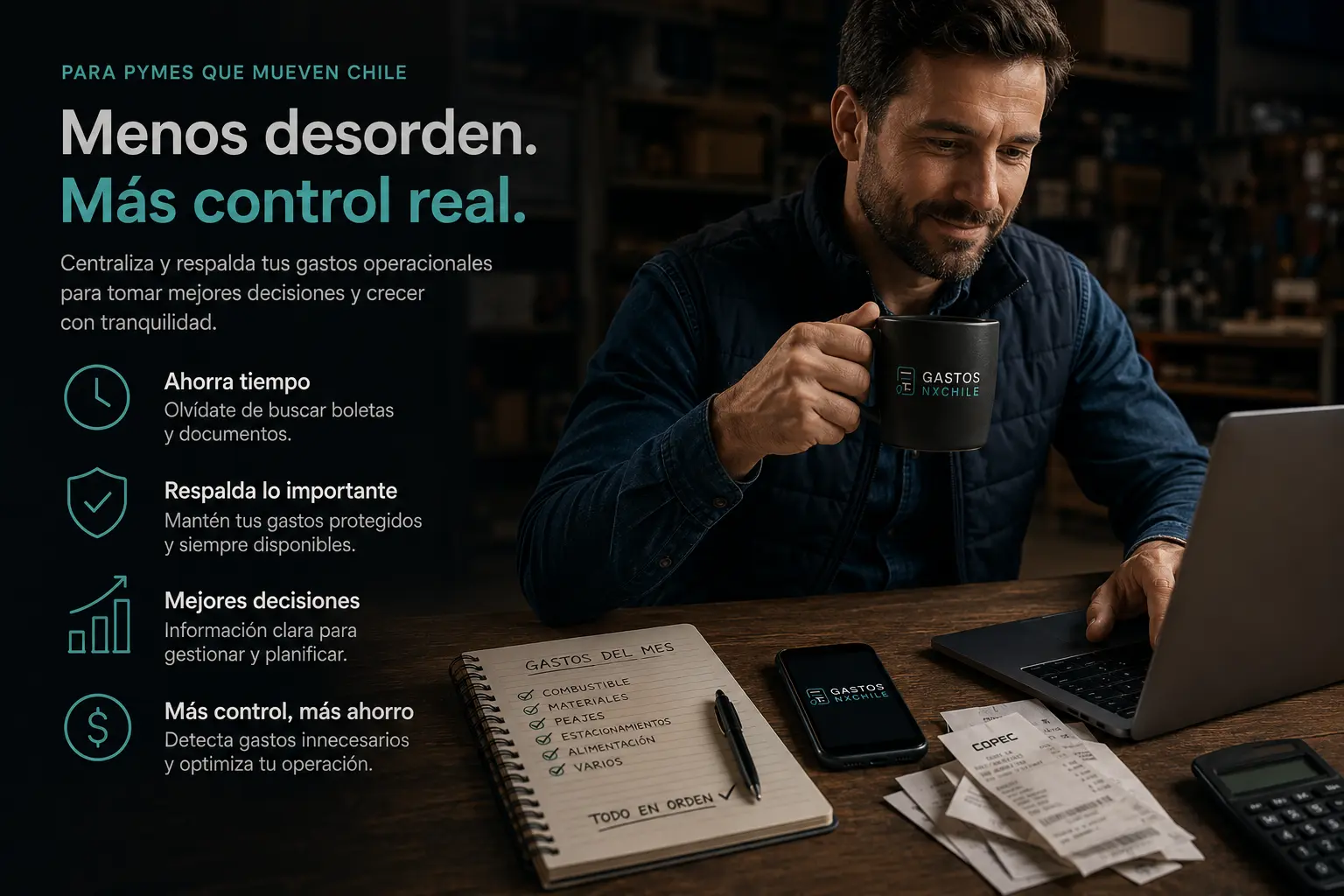 Dueño de pyme chilena con control de gastos en su celular