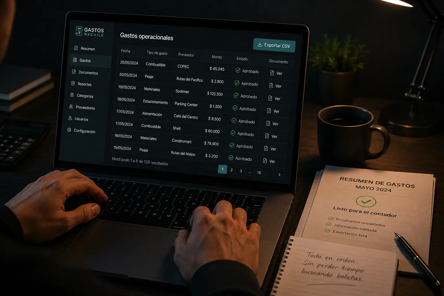 Vista del dashboard de GastosNX con exportación de gastos en CSV y Excel